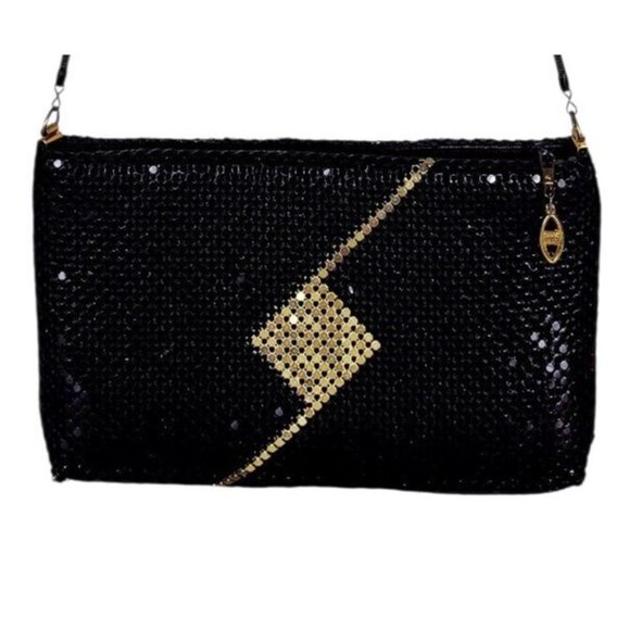 Vintage 70s Whiting & Davis Black Gold Mesh Diamond Art Deco Shoulder Bag - Picture 12 of 15